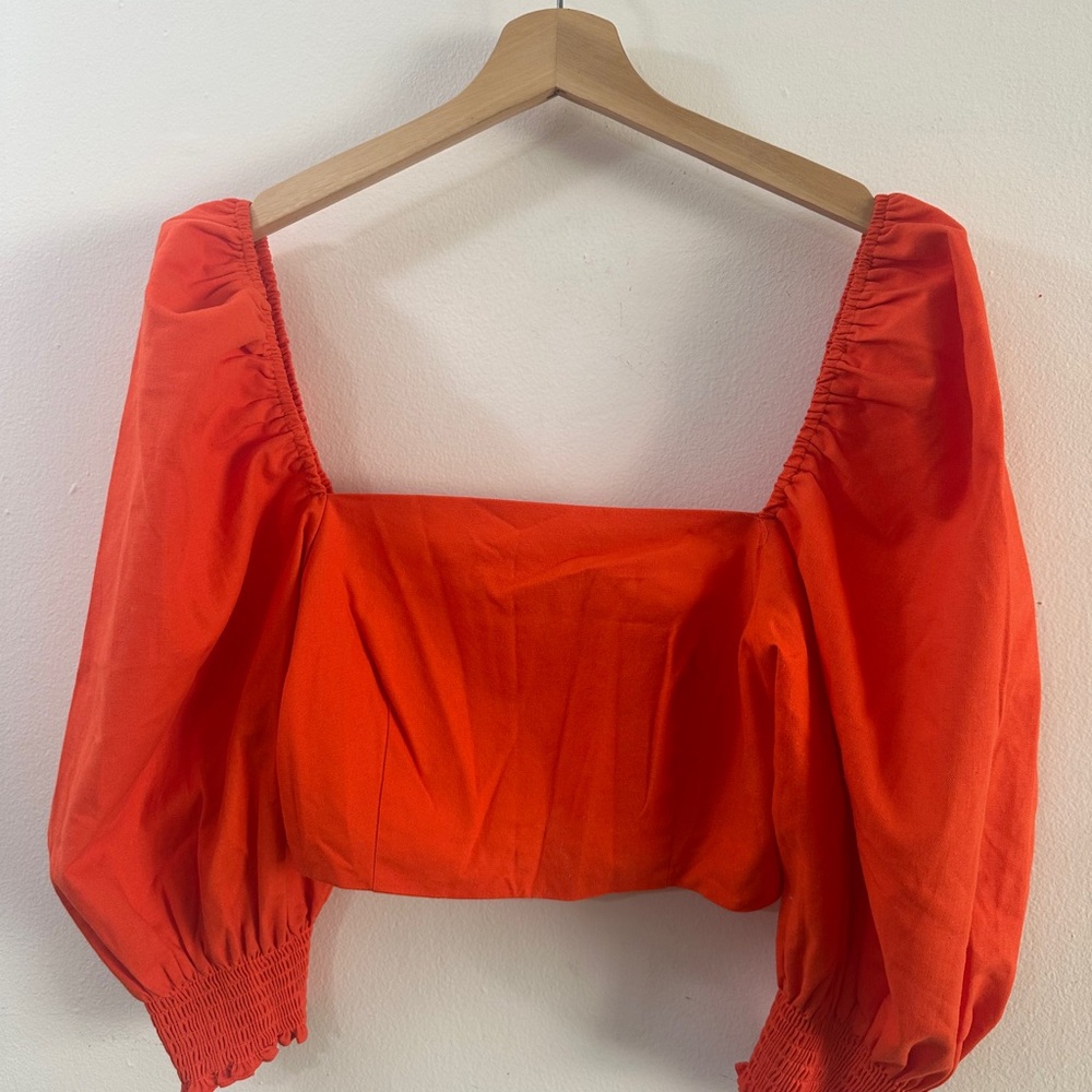 O.P.T. X ANTHROPOLOGIE Orange Square Neck Puff Sleeve Crop SIZE MEDIUM Brunch - Picture 2 of 5